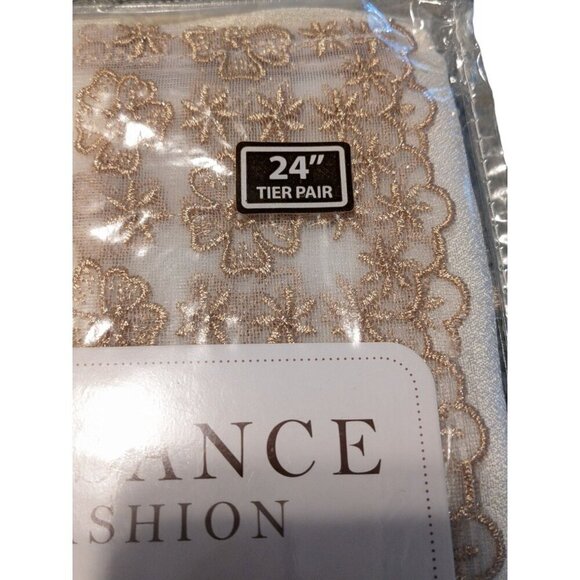 Renaissance Petunia Kitchen Curtain Tier Pair Embroidered Band Beige 56in x 24in - Picture 5 of 7